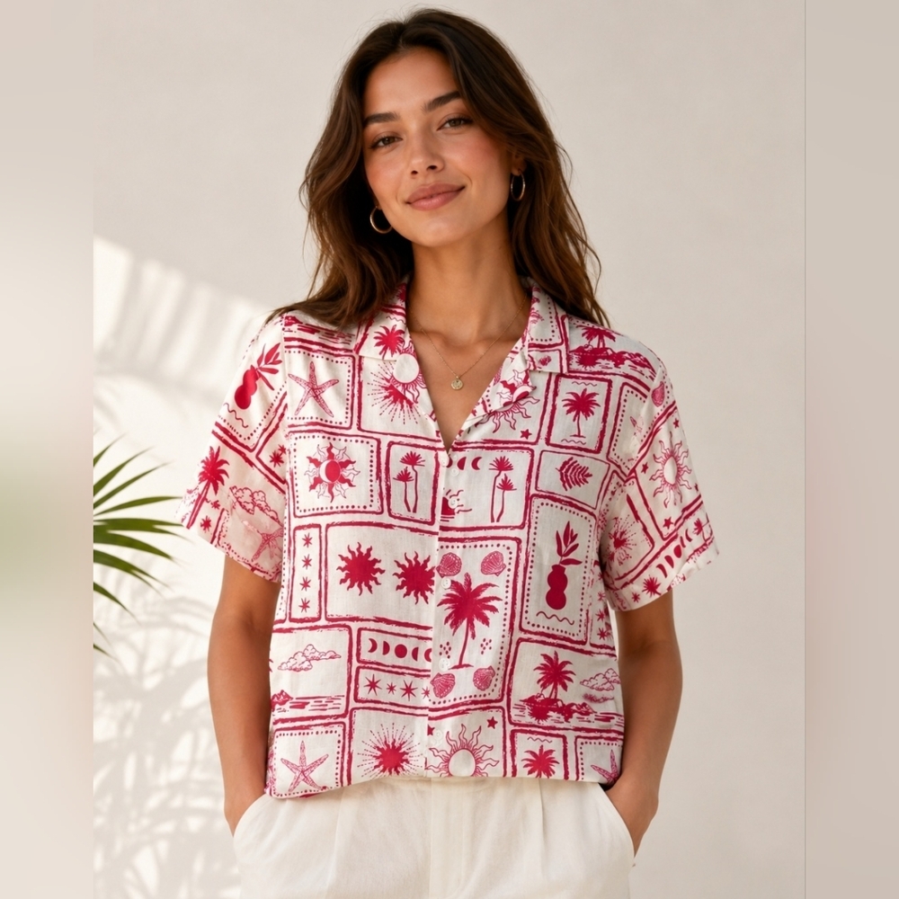 Malibu Cuban Collar Shirt short-sleeve button-down, featuring a tropical print